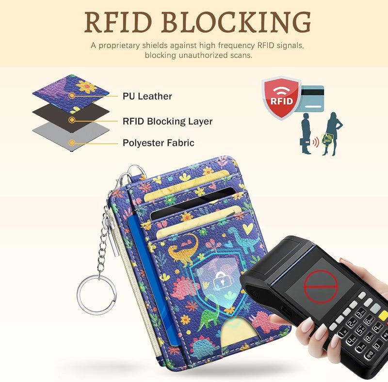 Kelvoris Cute Dinosaur Credit Card Holder Small Wallet Women, Flowers Slim RFID Blocking Wallet Woman Keychain with Zipper Coin Pocket, Front Pocket Thin Travel Card Case with ID Window Ladies Gifts - Image 4